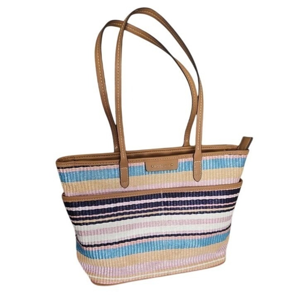 Rosetti‎ Striped Summer Beach Tote Bag with Brown Leather Handles Pastel Multi